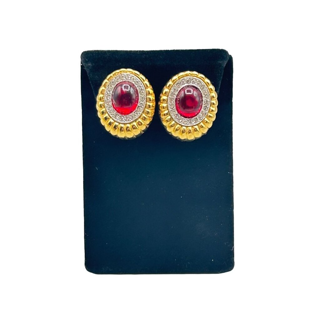 Vintage Clip On Earrings Jeweled Red Cabochons Rhinestones Gold Tone 80s Jewelry